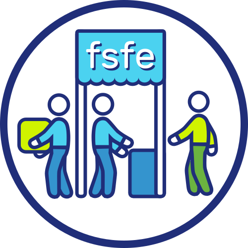Icona di uno stand della FSFE con volontari e persone